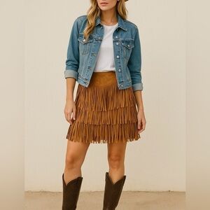 Lucchese Annabelle Lamb Suede Leather Fringe Mini Skirt Sz M Cinnamon Tan Camel
